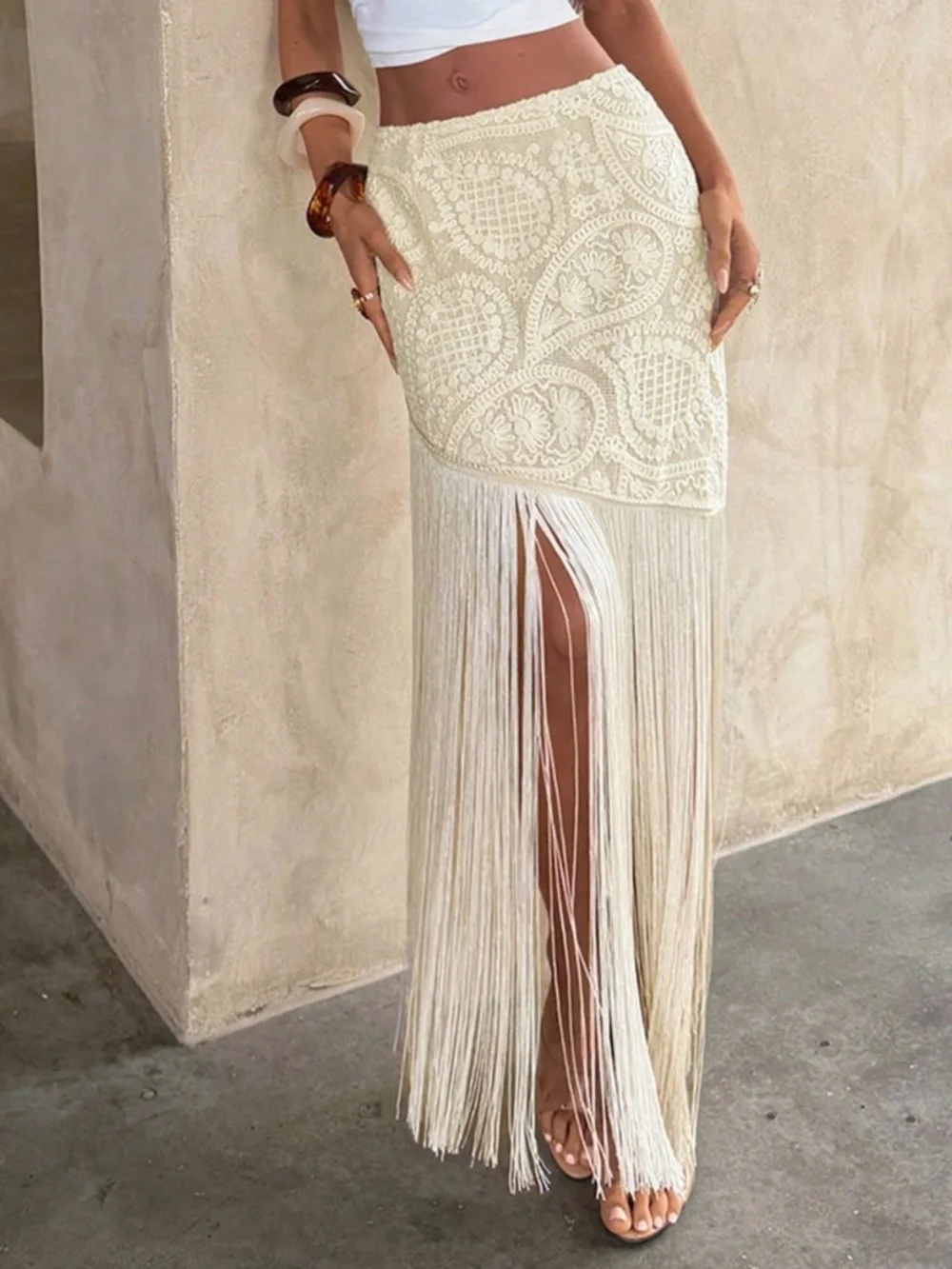 Boho Floral lace Stretchy Waist Tassel Detail Maxi Skirt - Picture 6 of 6